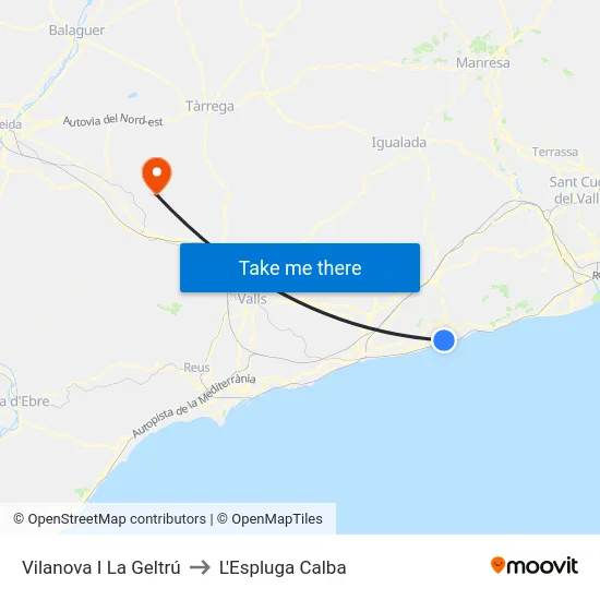 Vilanova I La Geltrú to L'Espluga Calba map