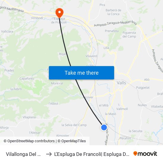 Vilallonga Del Camp to L'Espluga De Francolí| Espluga De Franco map