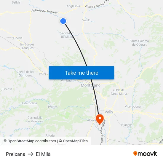 Preixana to El Milà map