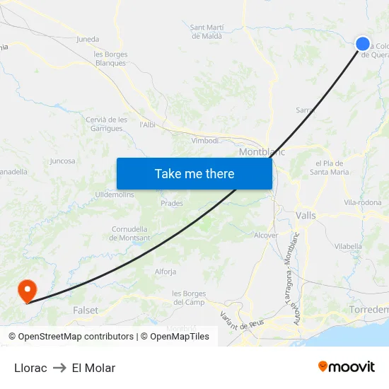 Llorac to El Molar map