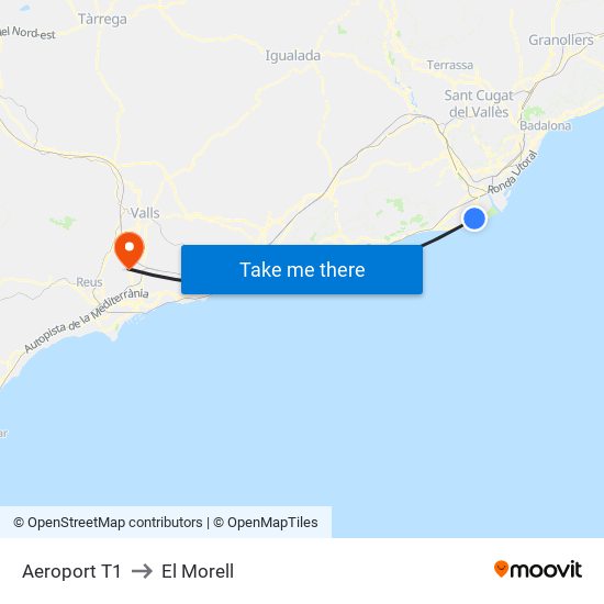 Aeroport T1 to El Morell map