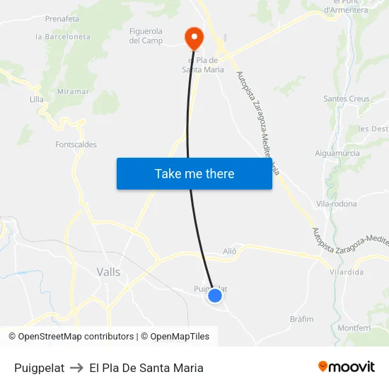 Puigpelat to El Pla De Santa Maria map