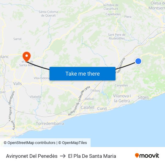 Avinyonet Del Penedès to El Pla De Santa Maria map