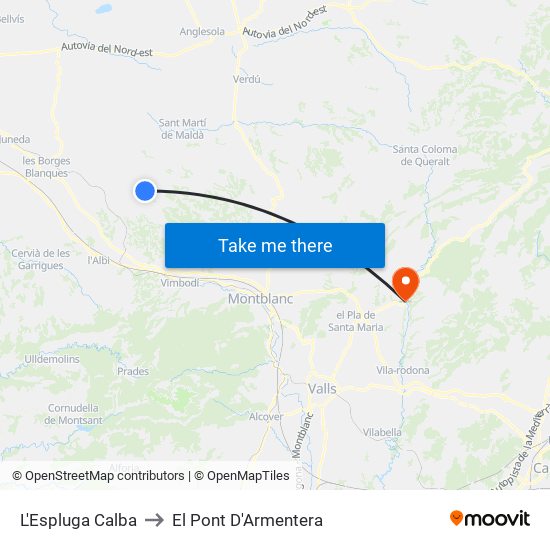 L'Espluga Calba to El Pont D'Armentera map