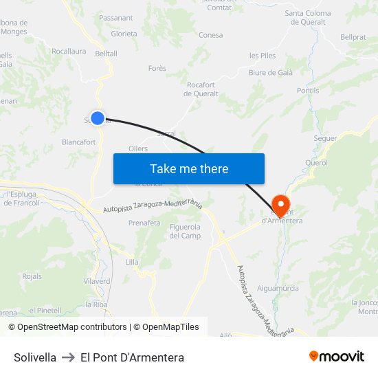 Solivella to El Pont D'Armentera map