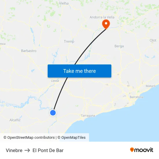 Vinebre to El Pont De Bar map