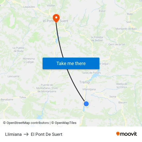 Llimiana to El Pont De Suert map