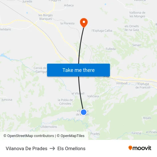 Vilanova De Prades to Els Omellons map