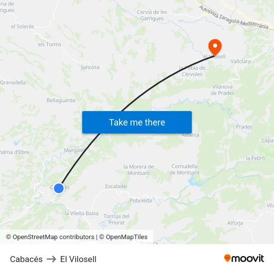 Cabacés to El Vilosell map
