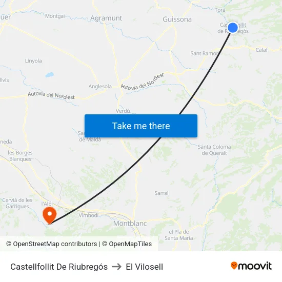 Castellfollit De Riubregós to El Vilosell map
