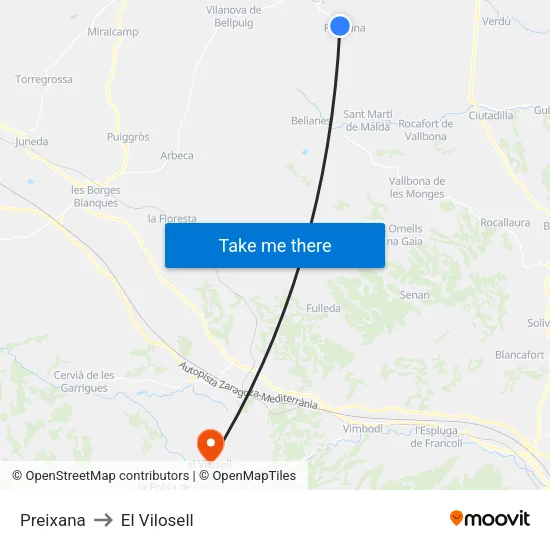 Preixana to El Vilosell map