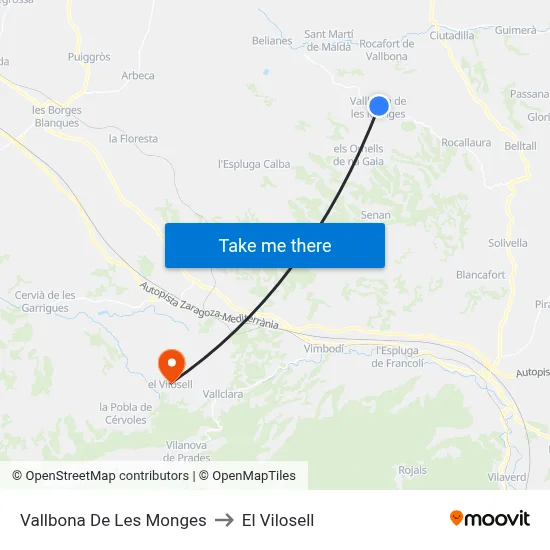 Vallbona De Les Monges to El Vilosell map