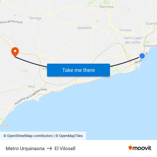 Metro Urquinaona to El Vilosell map
