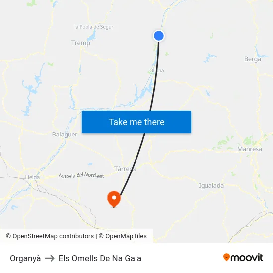 Organyà to Els Omells De Na Gaia map