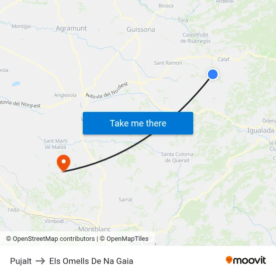 Pujalt to Els Omells De Na Gaia map