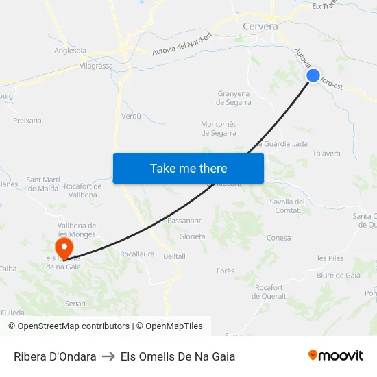 Ribera D'Ondara to Els Omells De Na Gaia map