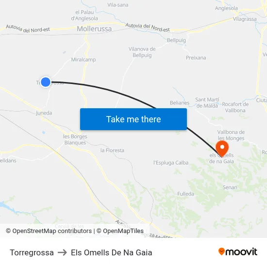 Torregrossa to Els Omells De Na Gaia map