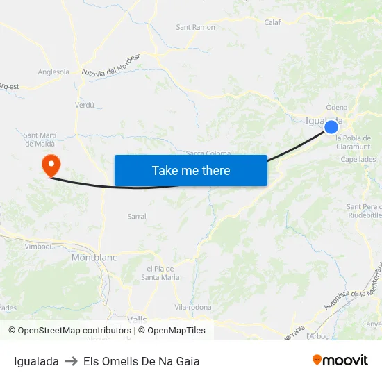 Igualada to Els Omells De Na Gaia map