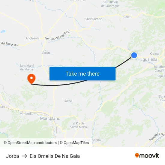 Jorba to Els Omells De Na Gaia map