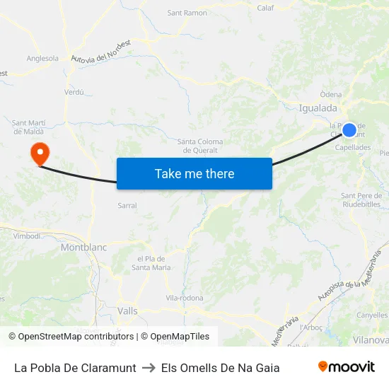 La Pobla De Claramunt to Els Omells De Na Gaia map