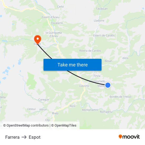 Farrera to Espot map