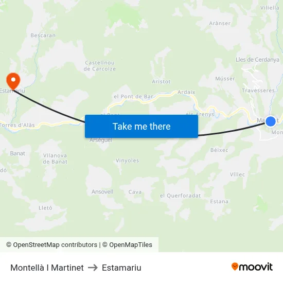 Montellà I Martinet to Estamariu map