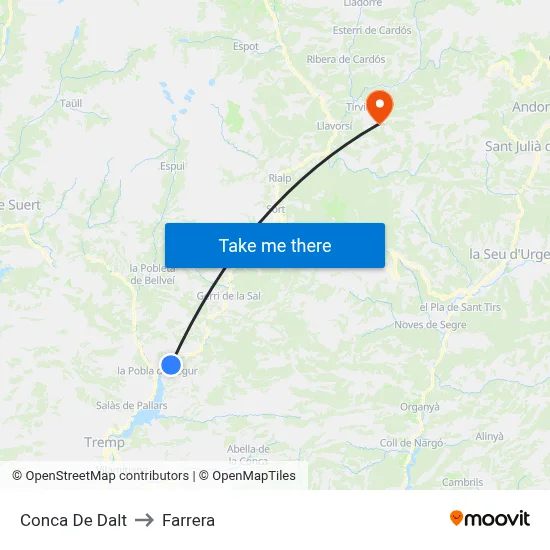 Conca De Dalt to Farrera map