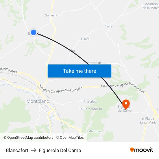Blancafort to Figuerola Del Camp map