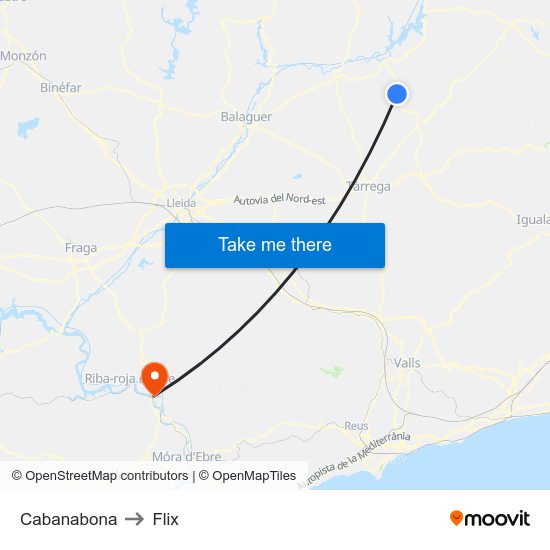 Cabanabona to Flix map