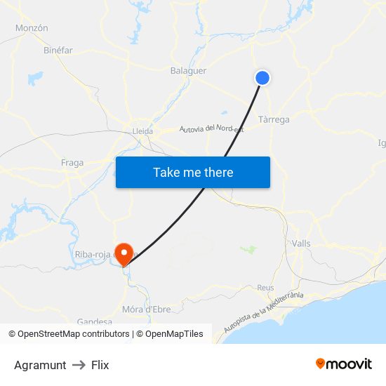 Agramunt to Flix map