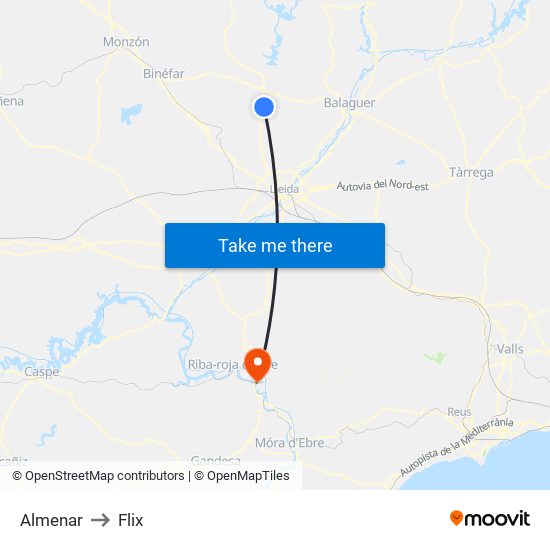 Almenar to Flix map