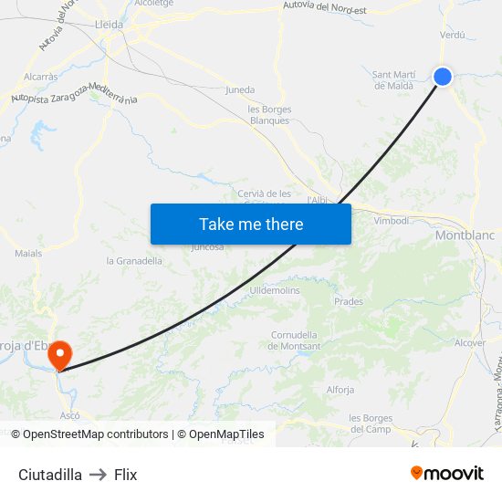 Ciutadilla to Flix map