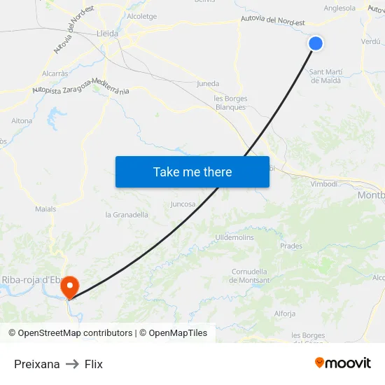Preixana to Flix map