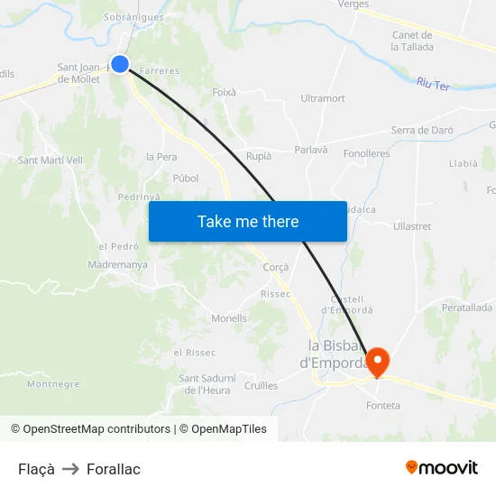 Flaçà to Forallac map
