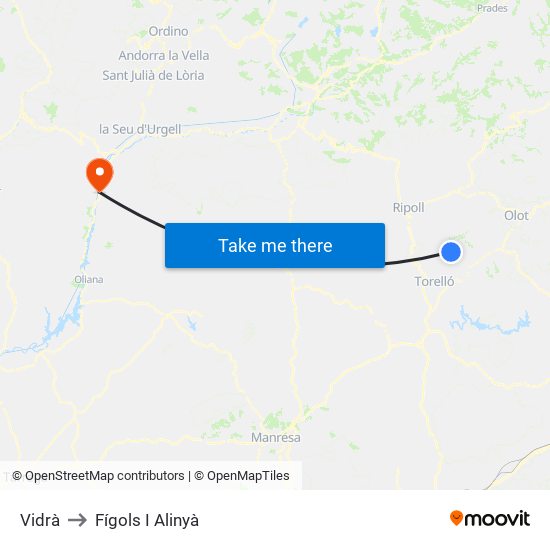 Vidrà to Fígols I Alinyà map