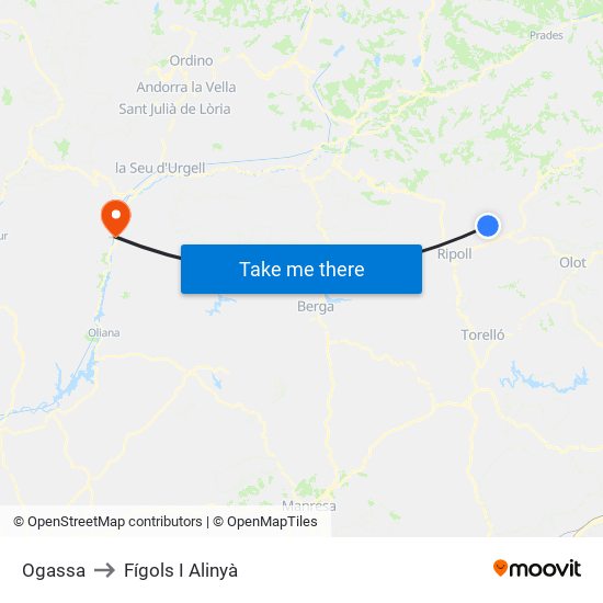 Ogassa to Fígols I Alinyà map