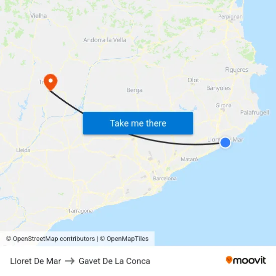 Lloret De Mar to Gavet De La Conca map