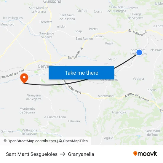 Sant Martí Sesgueioles to Granyanella map