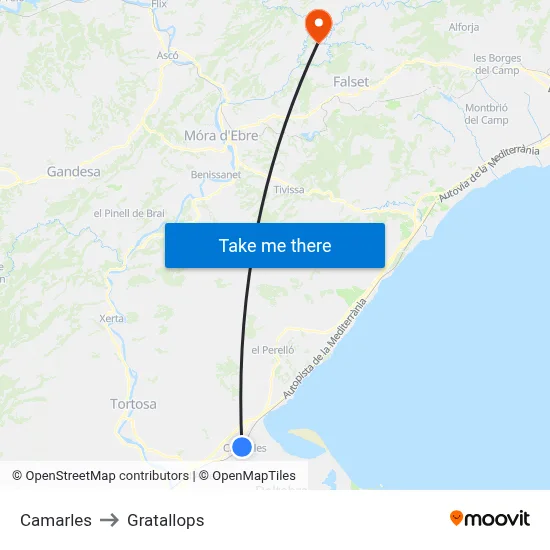 Camarles to Gratallops map