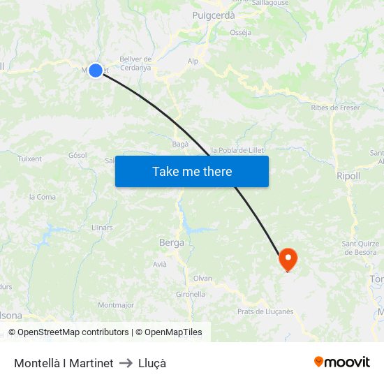 Montellà I Martinet to Lluçà map