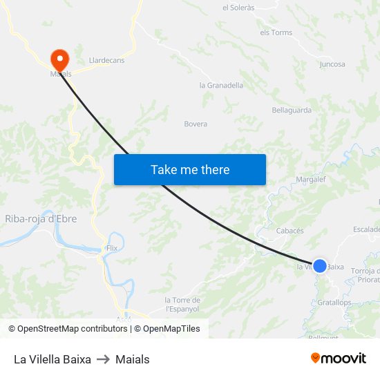 La Vilella Baixa to Maials map