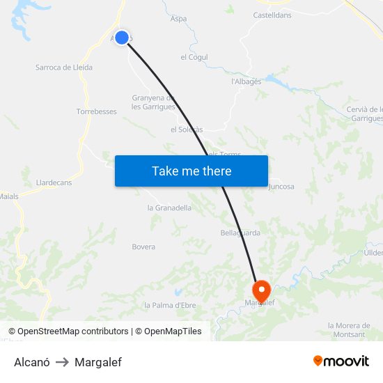 Alcanó to Margalef map