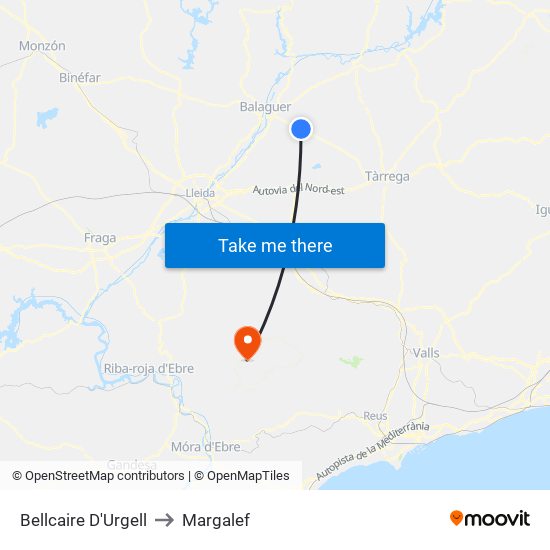 Bellcaire D'Urgell to Margalef map