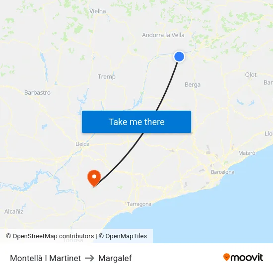 Montellà I Martinet to Margalef map