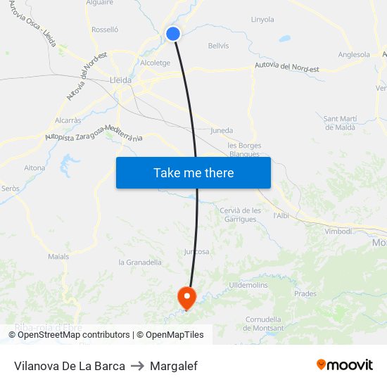 Vilanova De La Barca to Margalef map