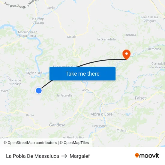 La Pobla De Massaluca to Margalef map