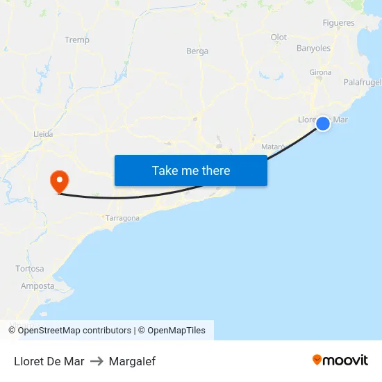 Lloret De Mar to Margalef map