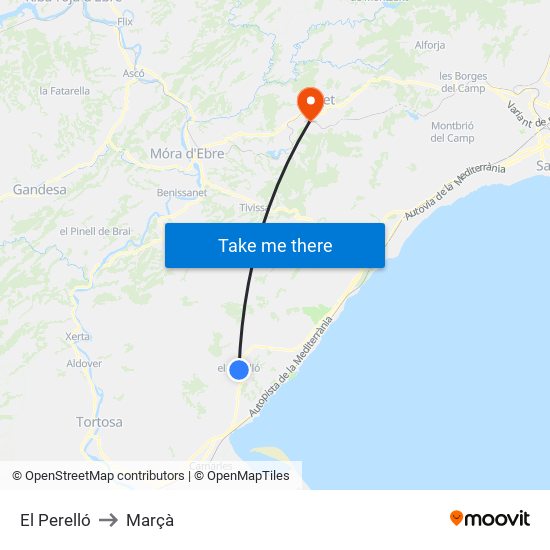 El Perelló to Marçà map