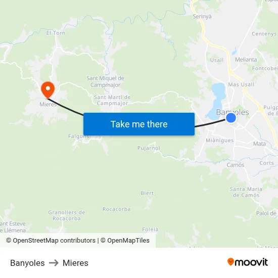Banyoles to Mieres map