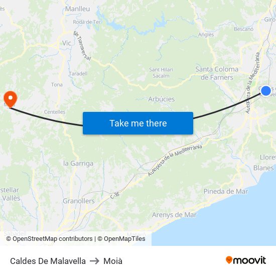 Caldes De Malavella to Moià map